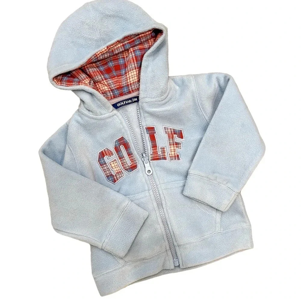 Golf Kids Fleece Zip Hoodie Light Blue Plaid Appliqué